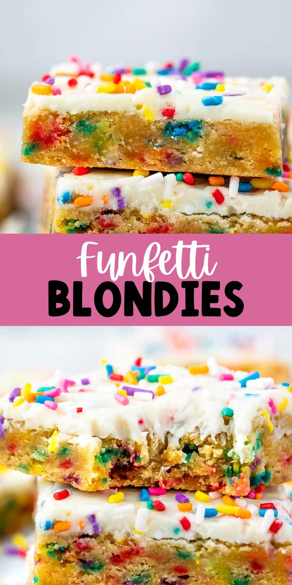 two photos of stacked cookie bars with colorful rainbow sprinkles baked in and sprinkled on top with words in the middle