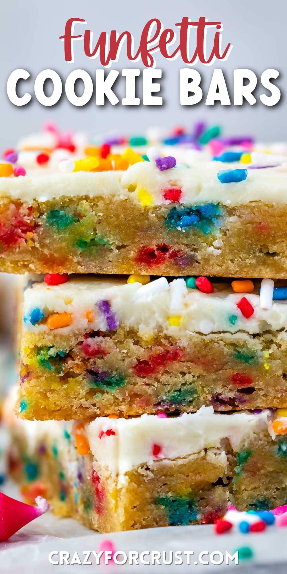 stacked cookie bars with colorful rainbow sprinkles baked in and sprinkled on top with words on the image