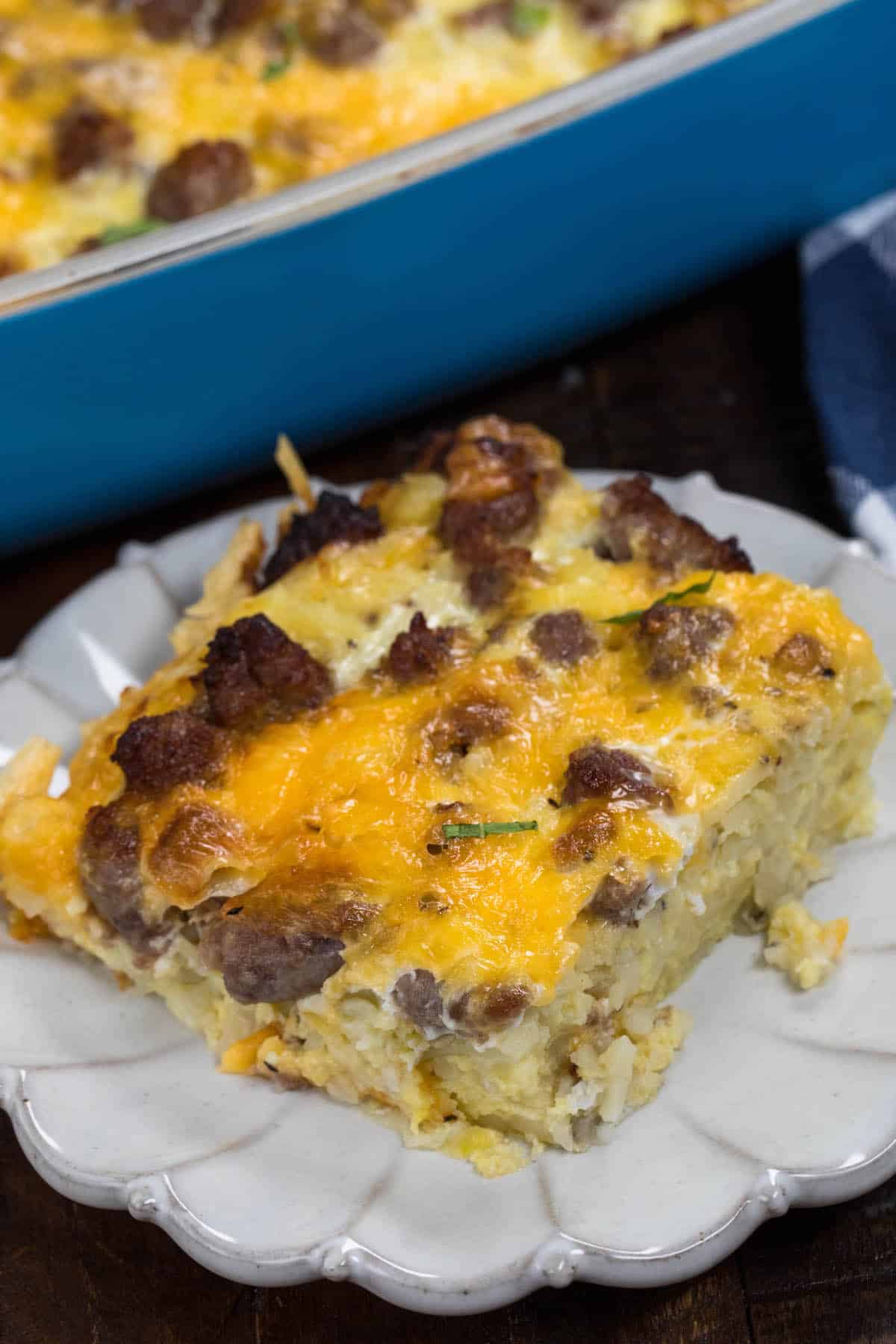 piece of egg casserole on a grey plate