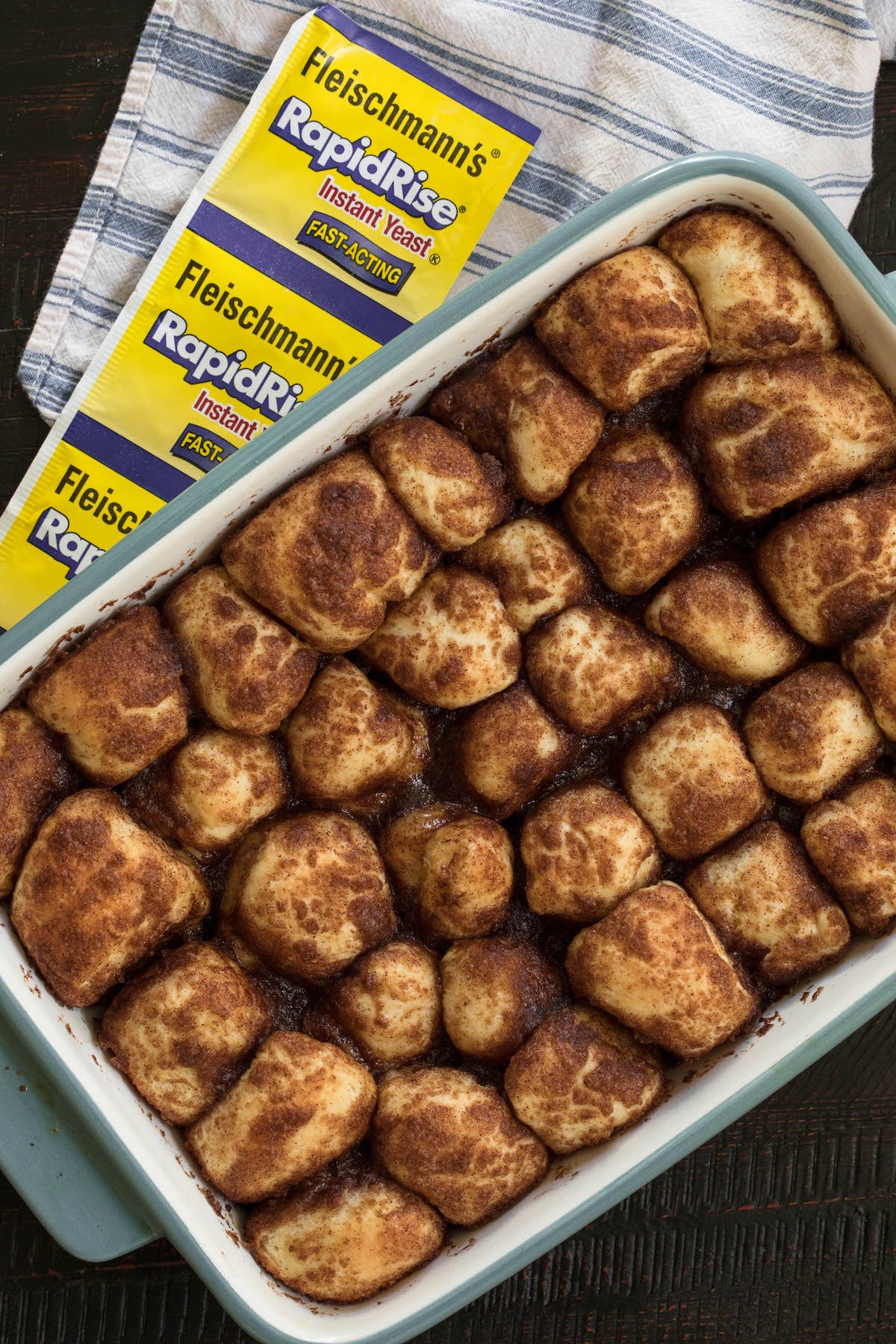 monkey bread baked in a white pan with a blue border