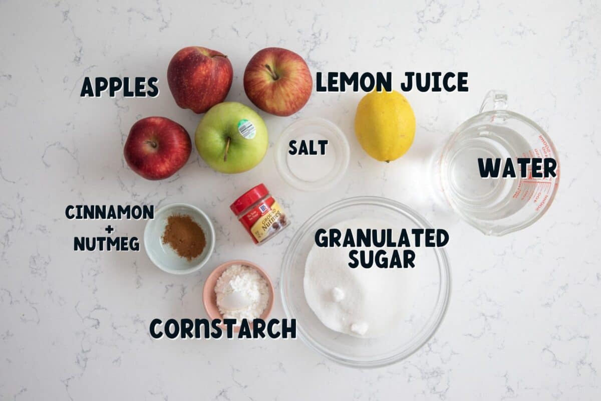 ingredients in apple pie filling with words on photo