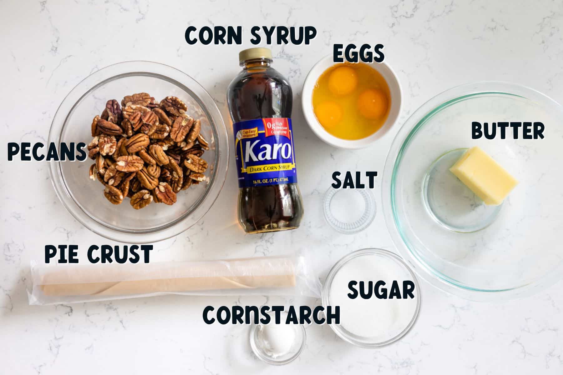 ingredients in pecan pie with words on photo