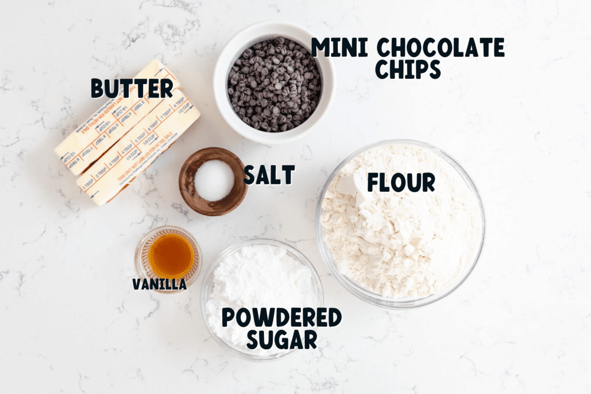 ingredients in snowball cookies with chocolate chips