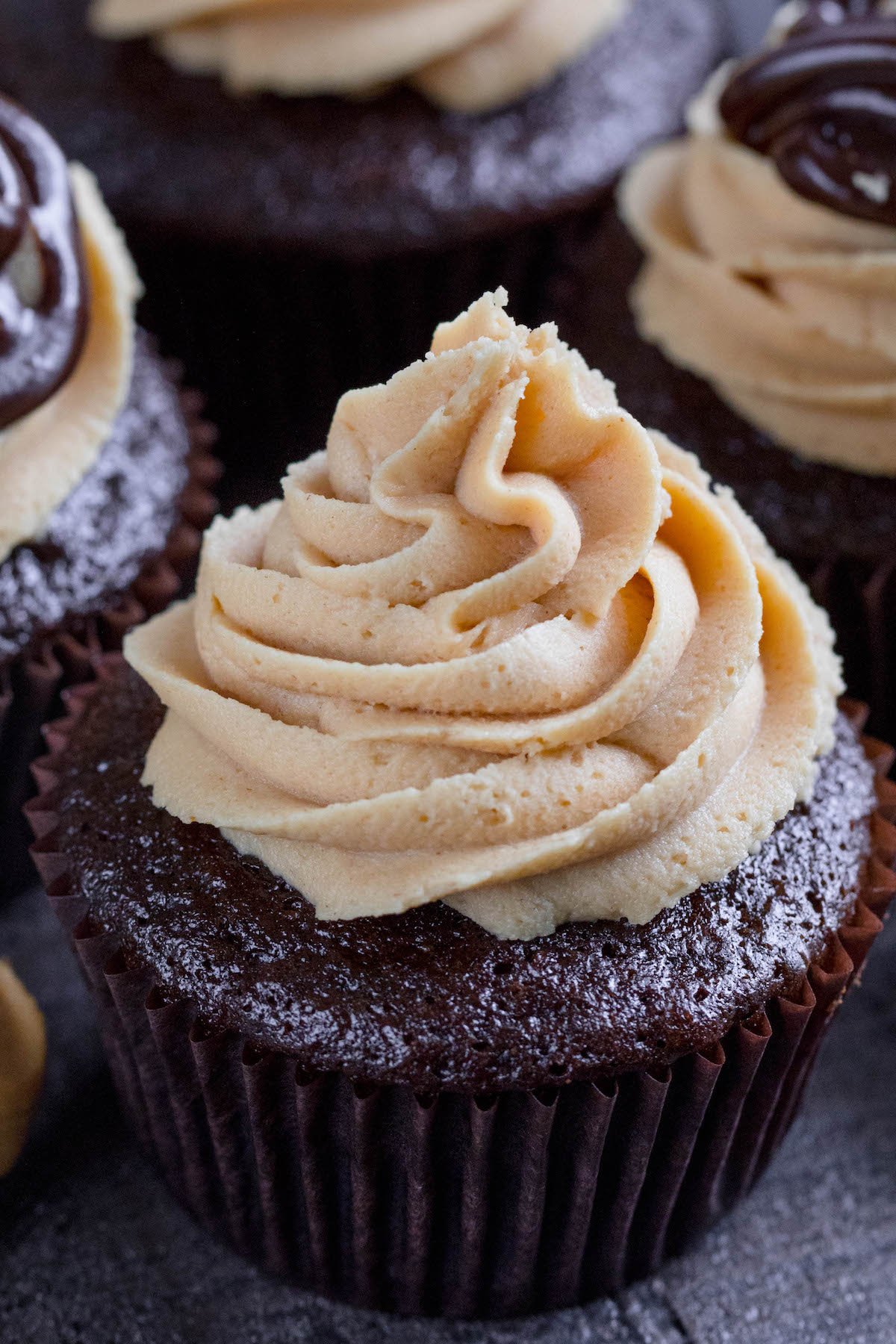 chocolate cake with peanut butter frosting swirled on top