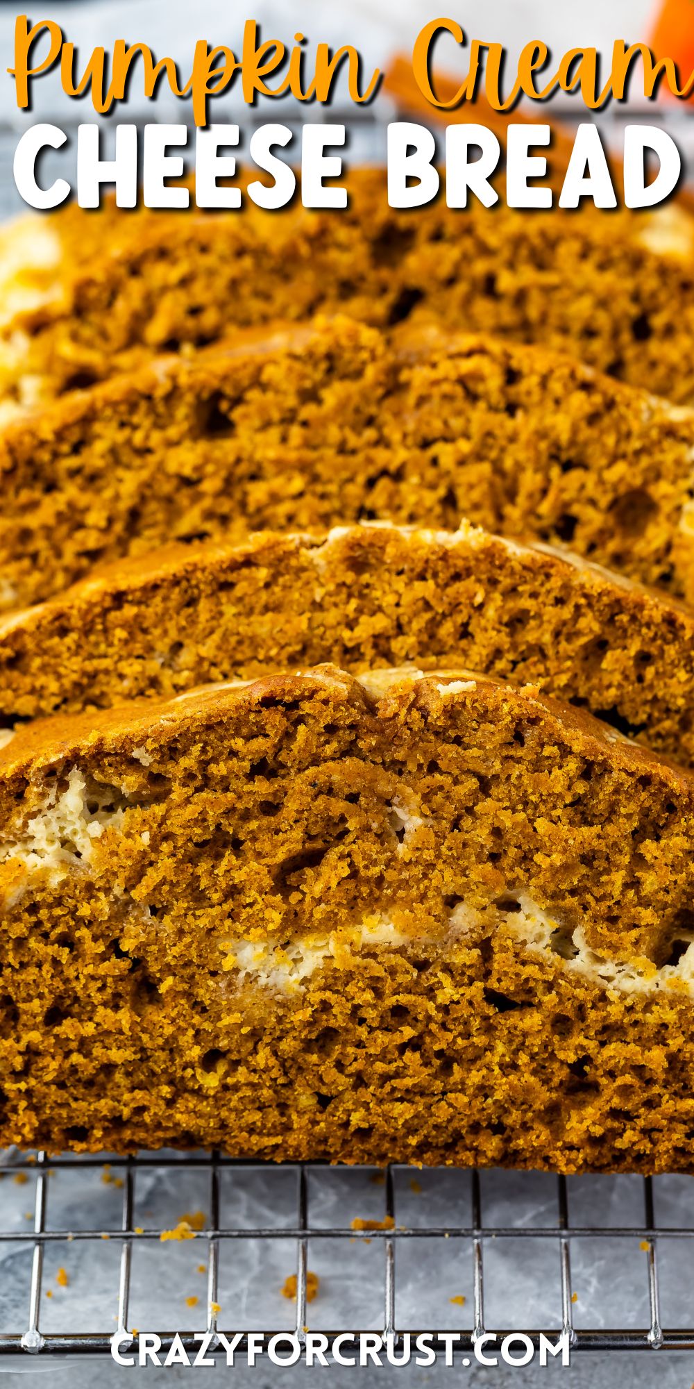four slices of the pumpkin loaf laying on a drying rack with words on top of the image