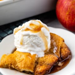 apple dumpling in a white plate with vanilla ice cream on top