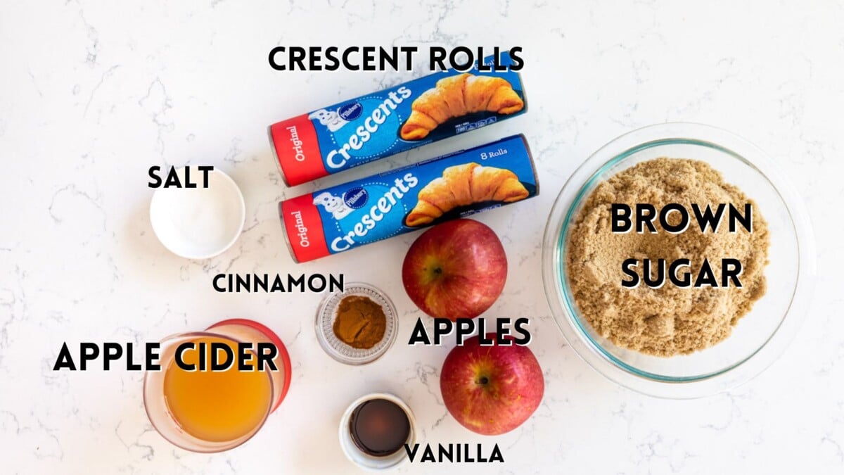 ingredients in apple dumplings laid out and words saying what the ingredients are on top