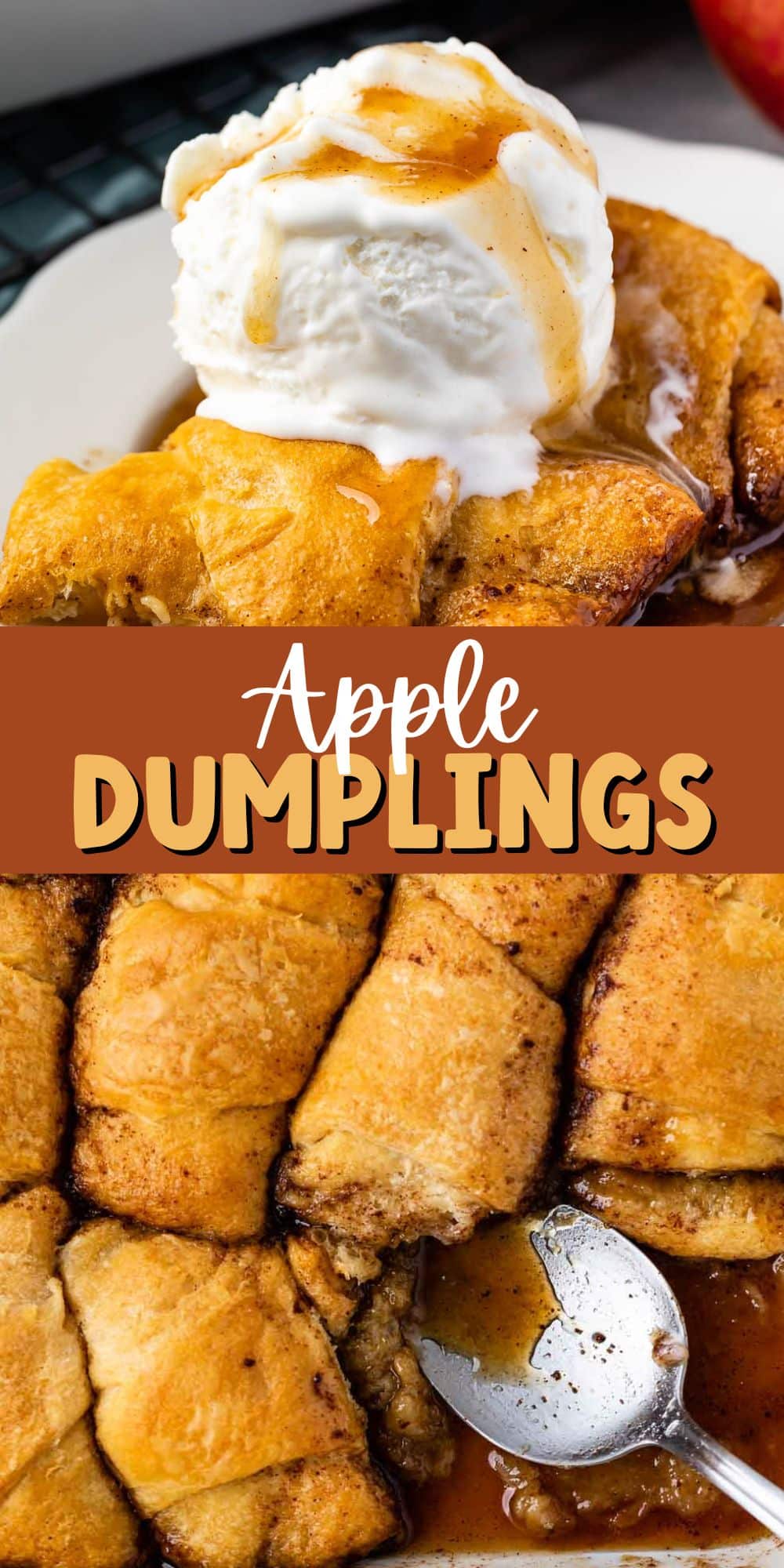 two photos of apple dumplings with one being a slice and the other showing multiple in a pan