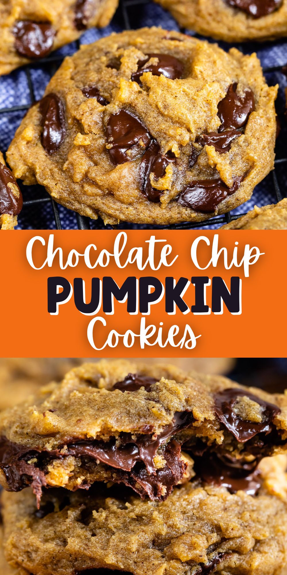 two photos of pumpkin cookies with chocolate chips baked in