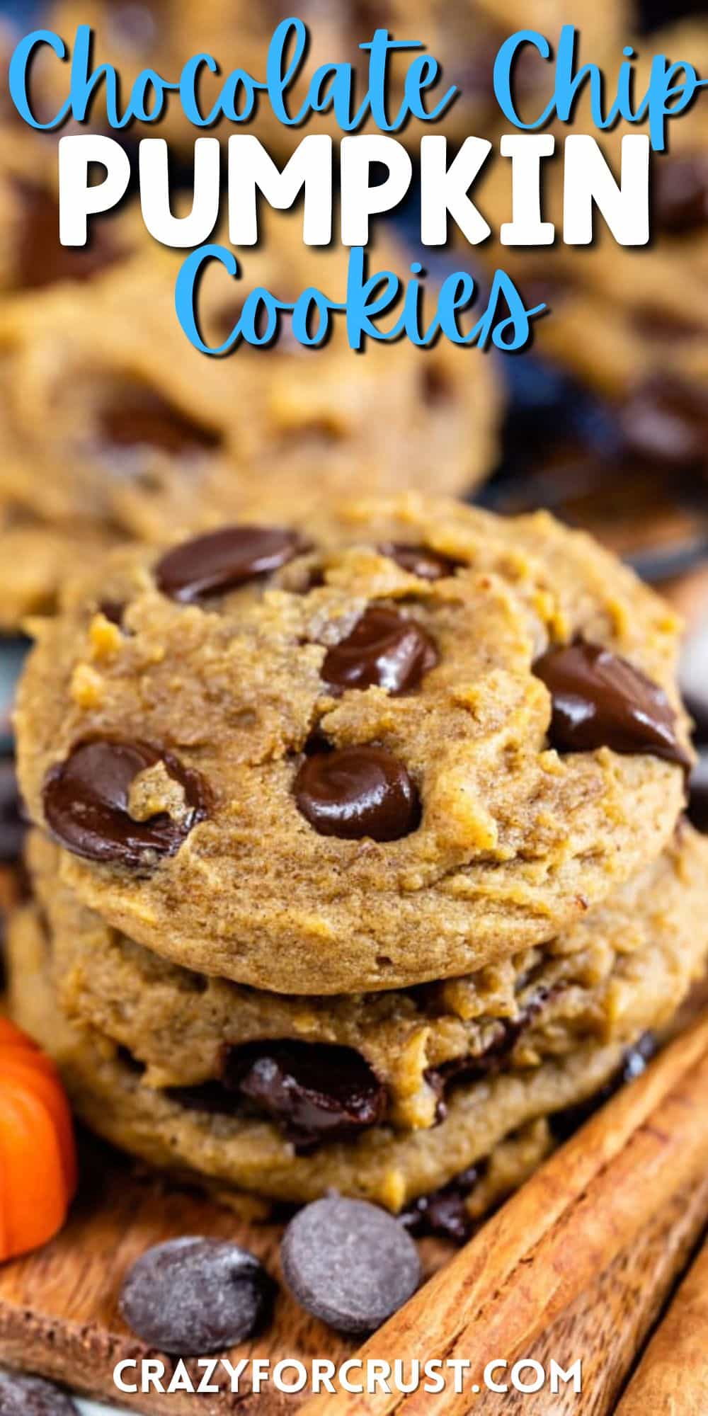 stacked pumpkin cookies with chocolate chips baked in and words on top