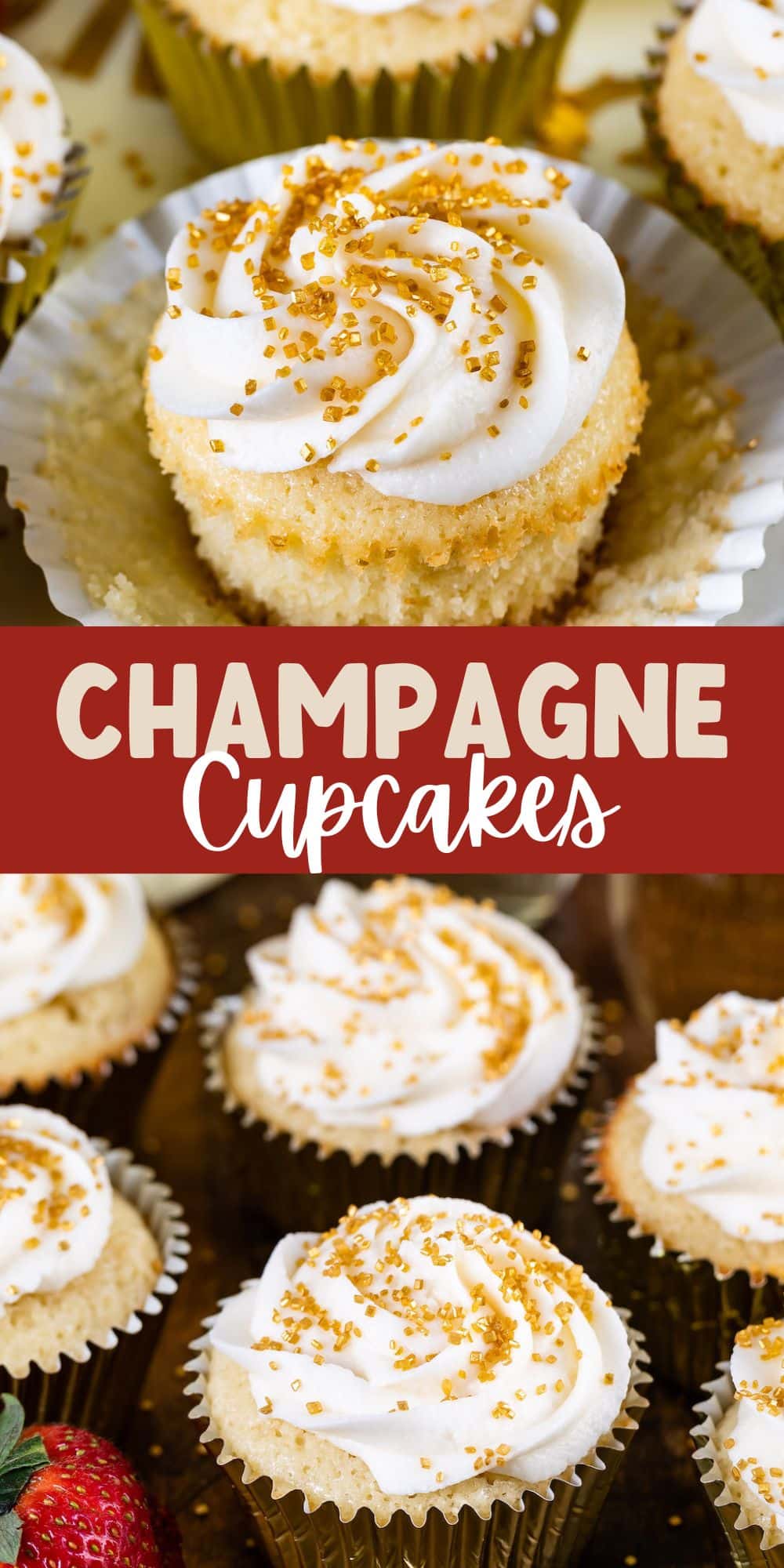 two photos of the champagne cupcakes with white frosting and gold sprinkles on top and words in the middle of the images