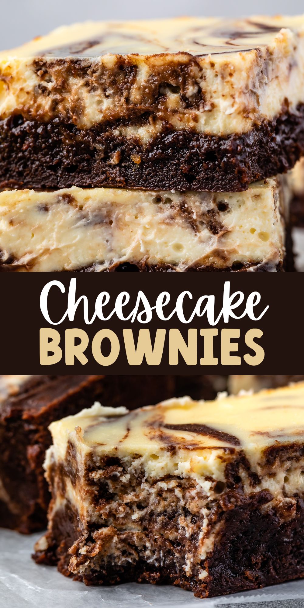 two images of cheesecake brownies shown with words in the middle