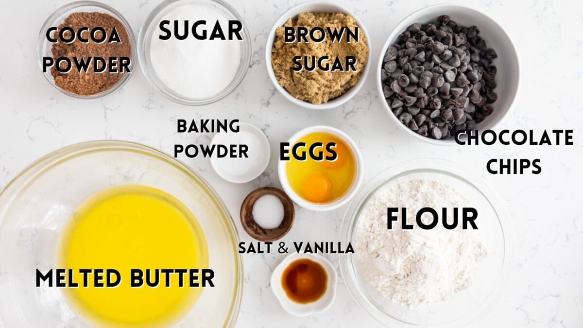 ingredients in chocolate cookie bars shown with words naming the ingredients