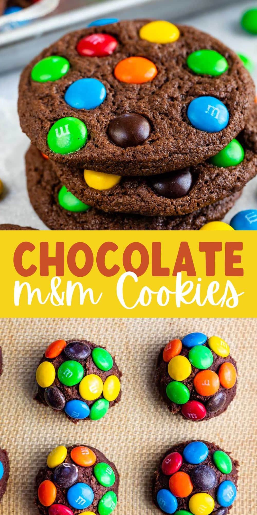 two images on chocolate cookies with colorful m&ms baked in