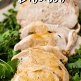 turkey cut into slices on a white plate surrounded by greens and words on top of the image