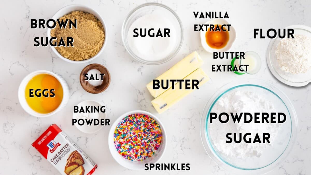 ingredients in funfetti bars laid out on a counter top with words saying the names of the ingredients