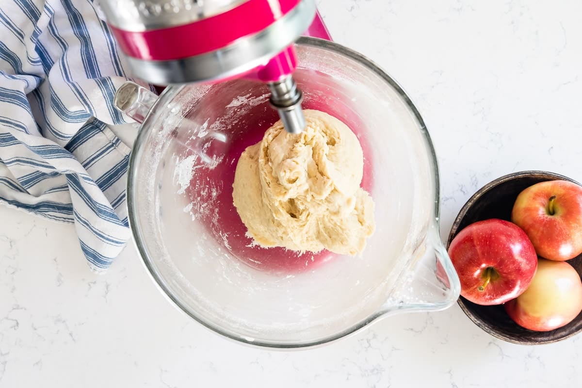 stand mixer with yeast dough inside.