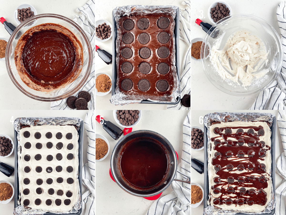 6 photo collage showing steps for how to make brownies