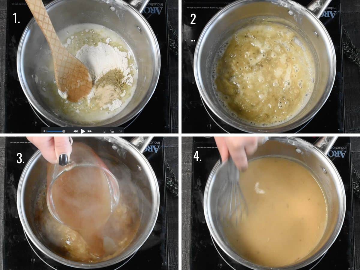 4 images showing a pot on a stove showing the steps for making gravy