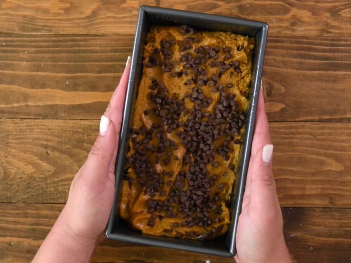 pumpkin bread batter in pan.