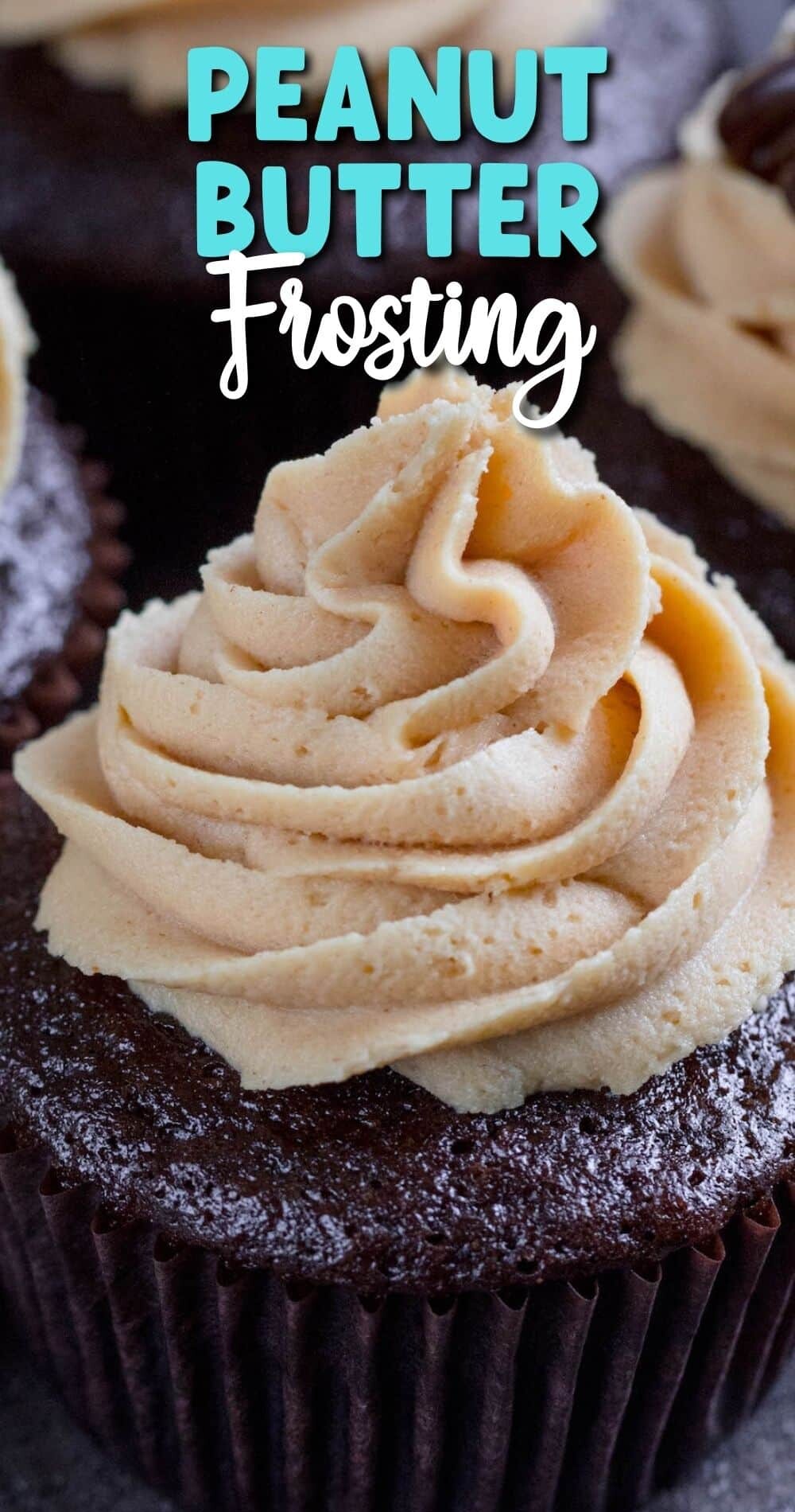 chocolate cake with peanut butter frosting swirled on top with words on the image