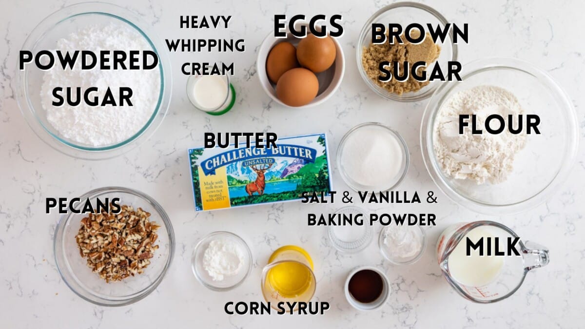 ingredients in the pecan pie cupcakes laid out on a counter with words saying the ingredient names