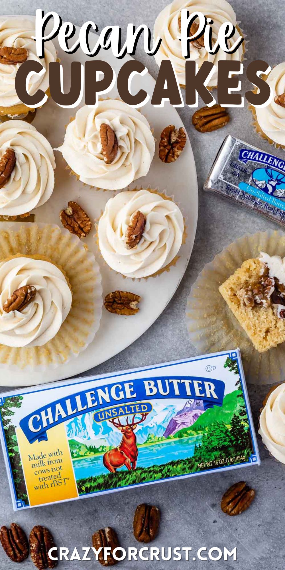 pecan cupcakes laid out on a counter with a challenge butter box next to the cupcakes with words on top