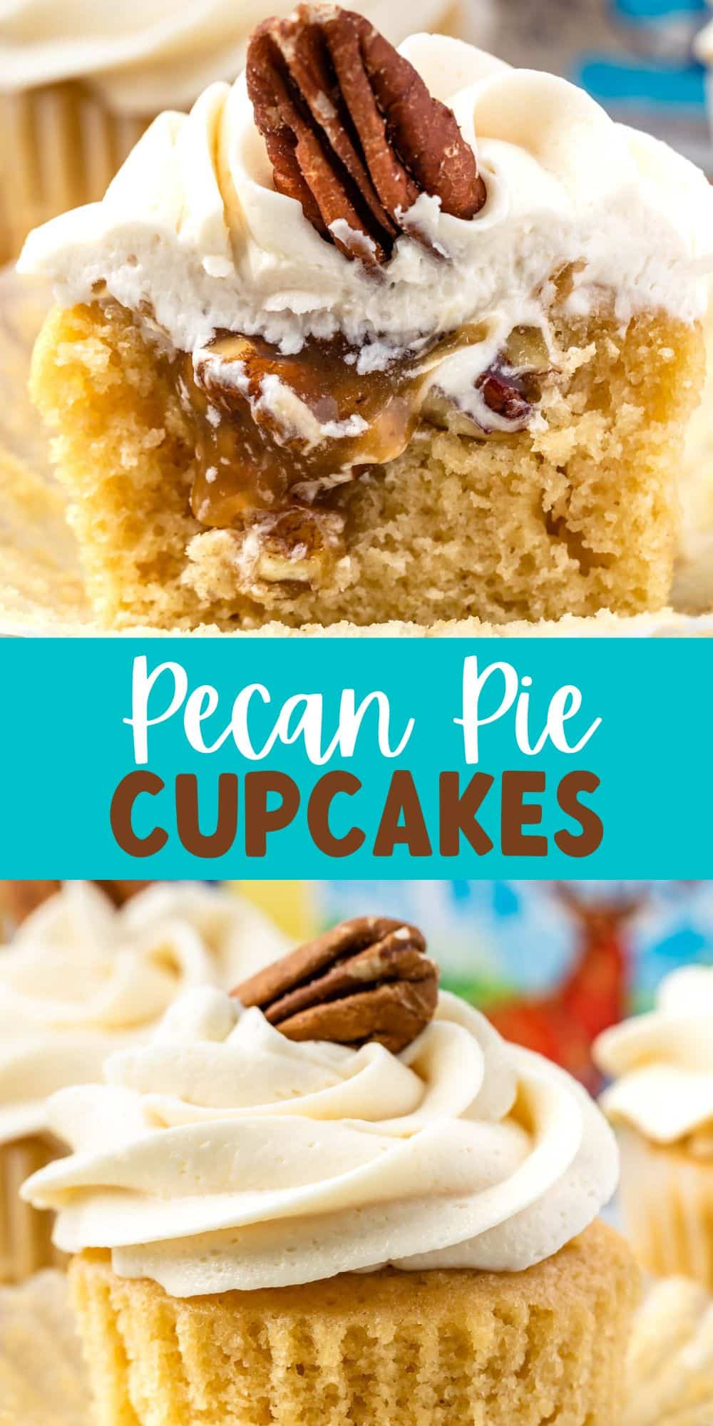 two photos on pecan pie cupcakes with white frosting and a pecan on top with words in the middle of the images