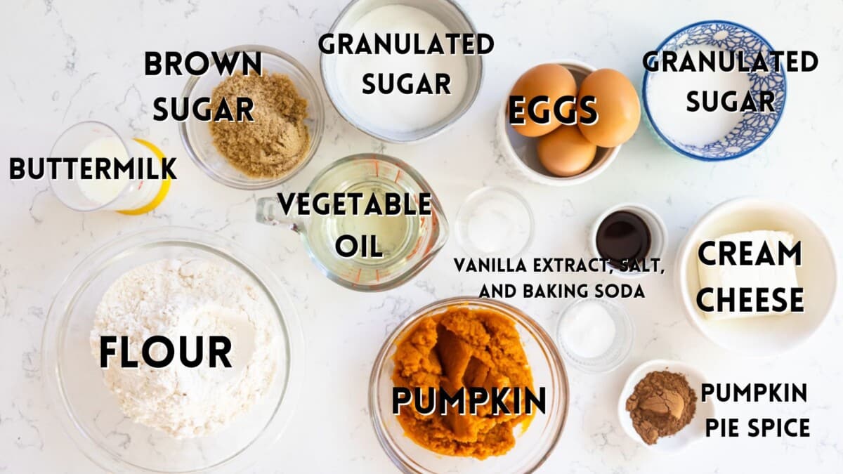 ingredients in the pumpkin loaf laid out and with words above saying the names of the recipes