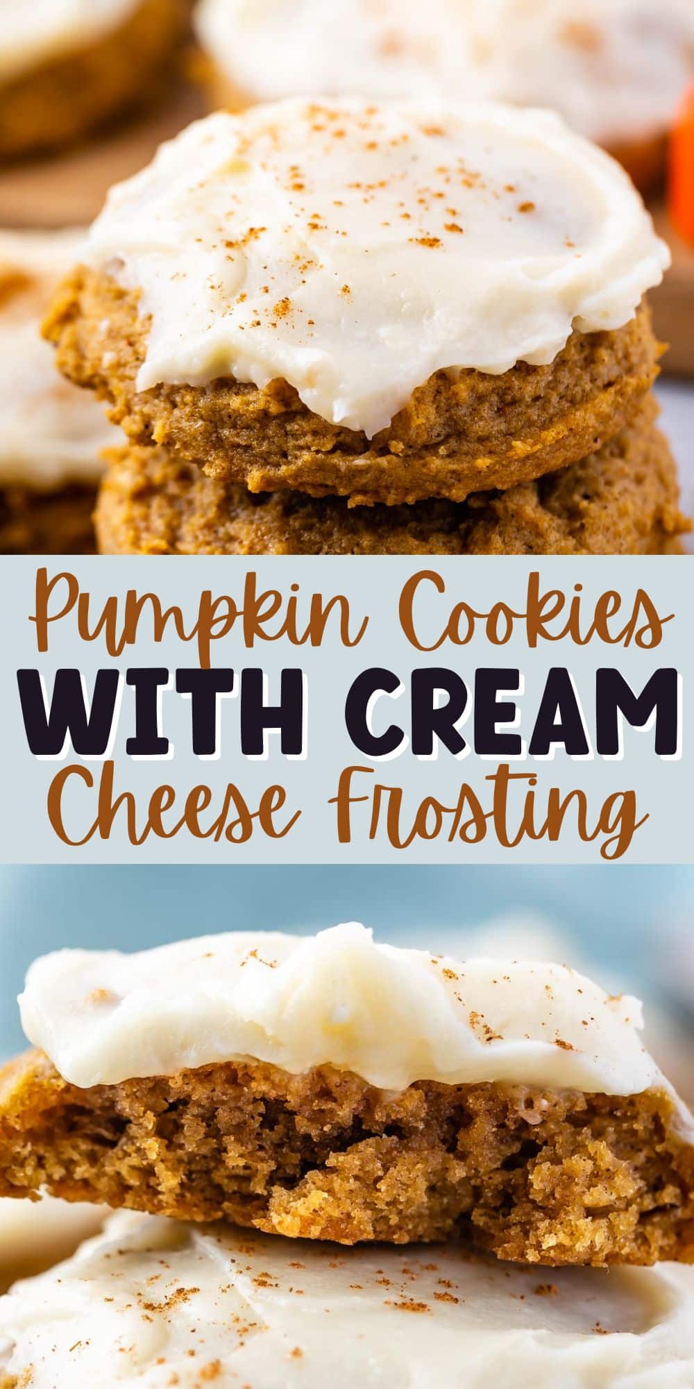 two photos of pumpkin cookies with frosting on top and words In the middle