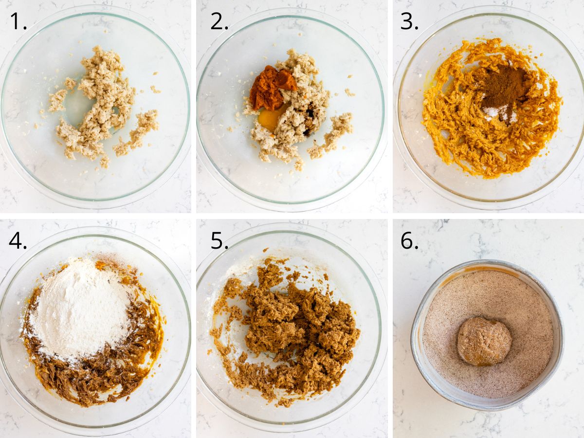 6 photos showing how to make pumpkin snickerdoodles