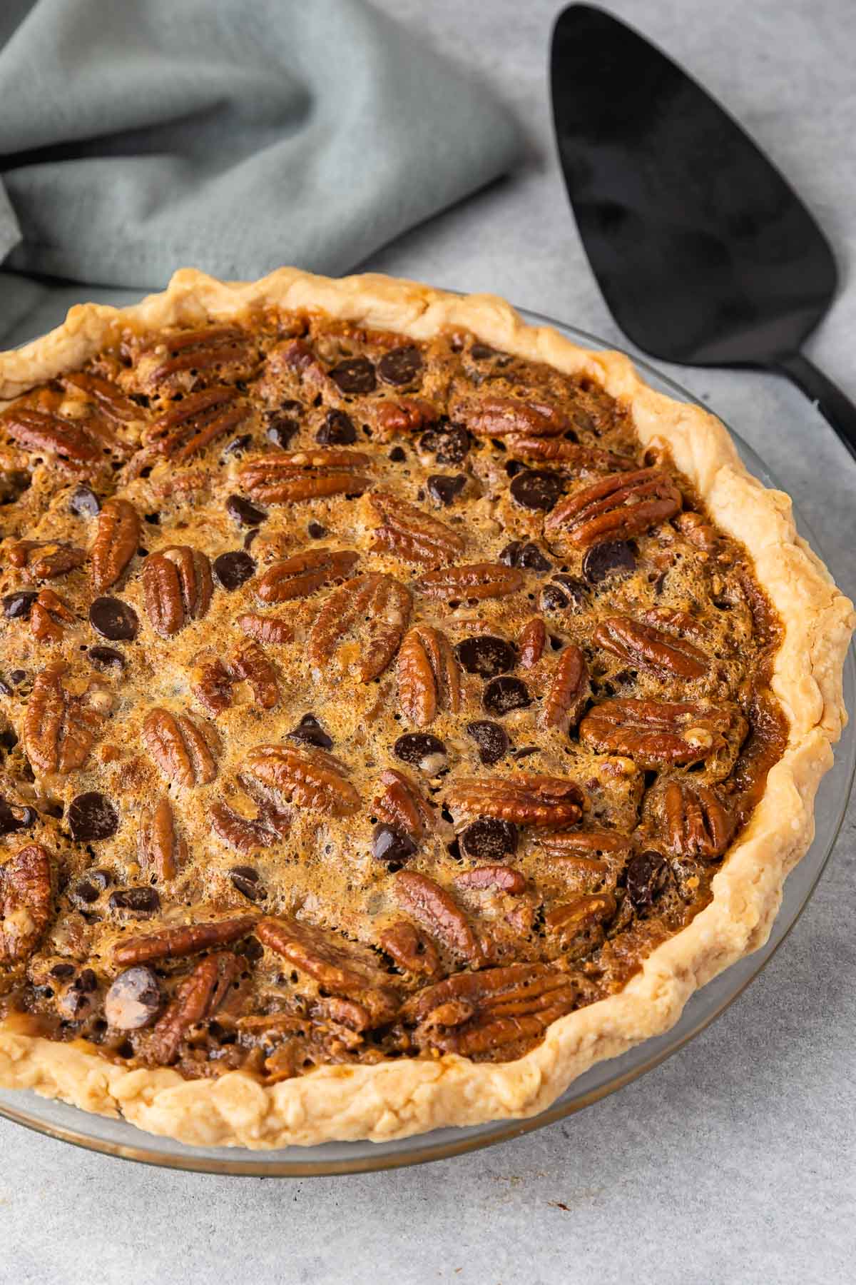 circular pecan pie with toffee baked in
