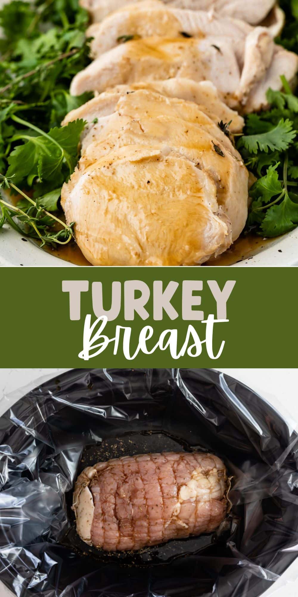 two photos of turkey with one in a crockpot and one sliced on a white plate and words in the middle of the two images