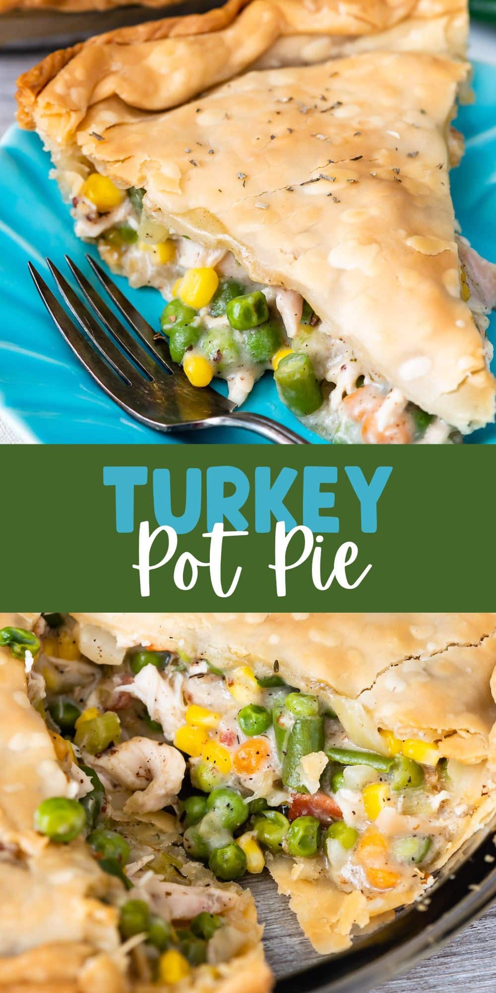 two photos of pot pie filled with veggies and chicken with words in the middle