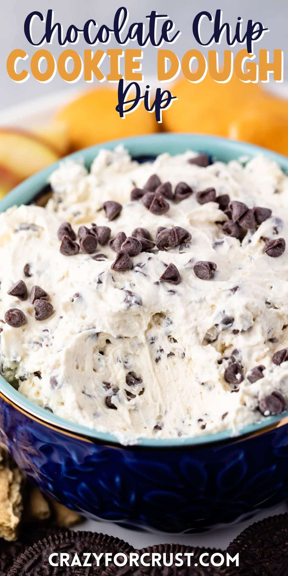 cookie dough in a dark blue bowl with words on top