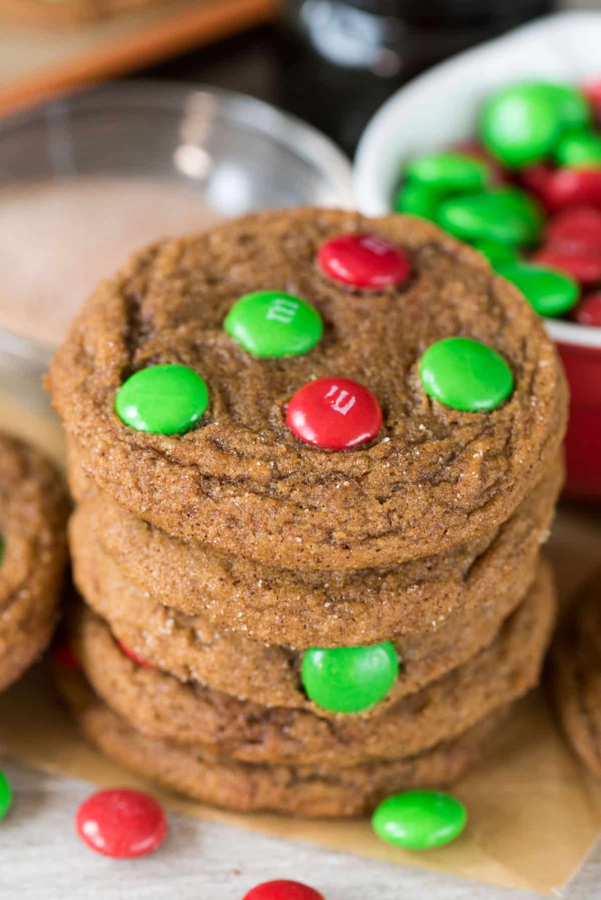 molasses cookies with green and red m&ms baked in
