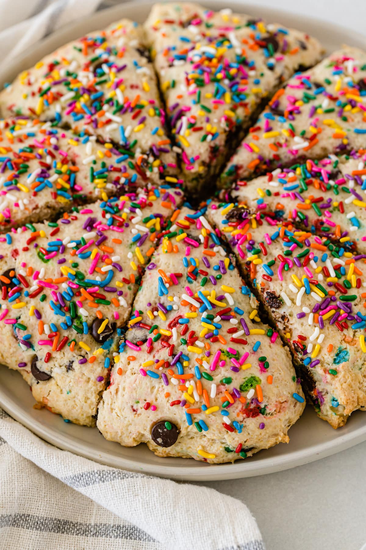 Funfetti Chocolate Chip Scones by www.www.crazyforcrust.com | A scone made from funfetti cake mix - perfectly soft and not too sweet. #breakfast #scone #funfetti scones with sprinkles and chocolate baked in