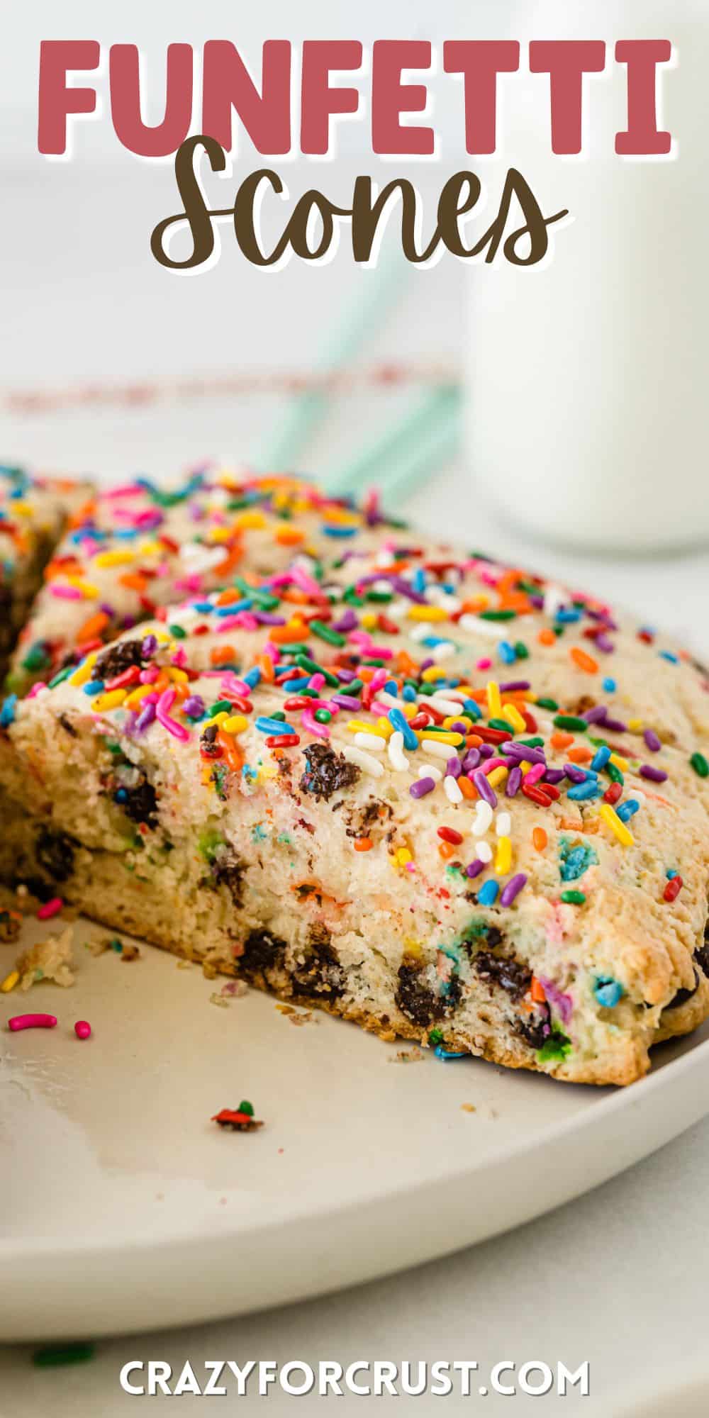 scones with sprinkles and chocolate baked in on a white plate with words on top