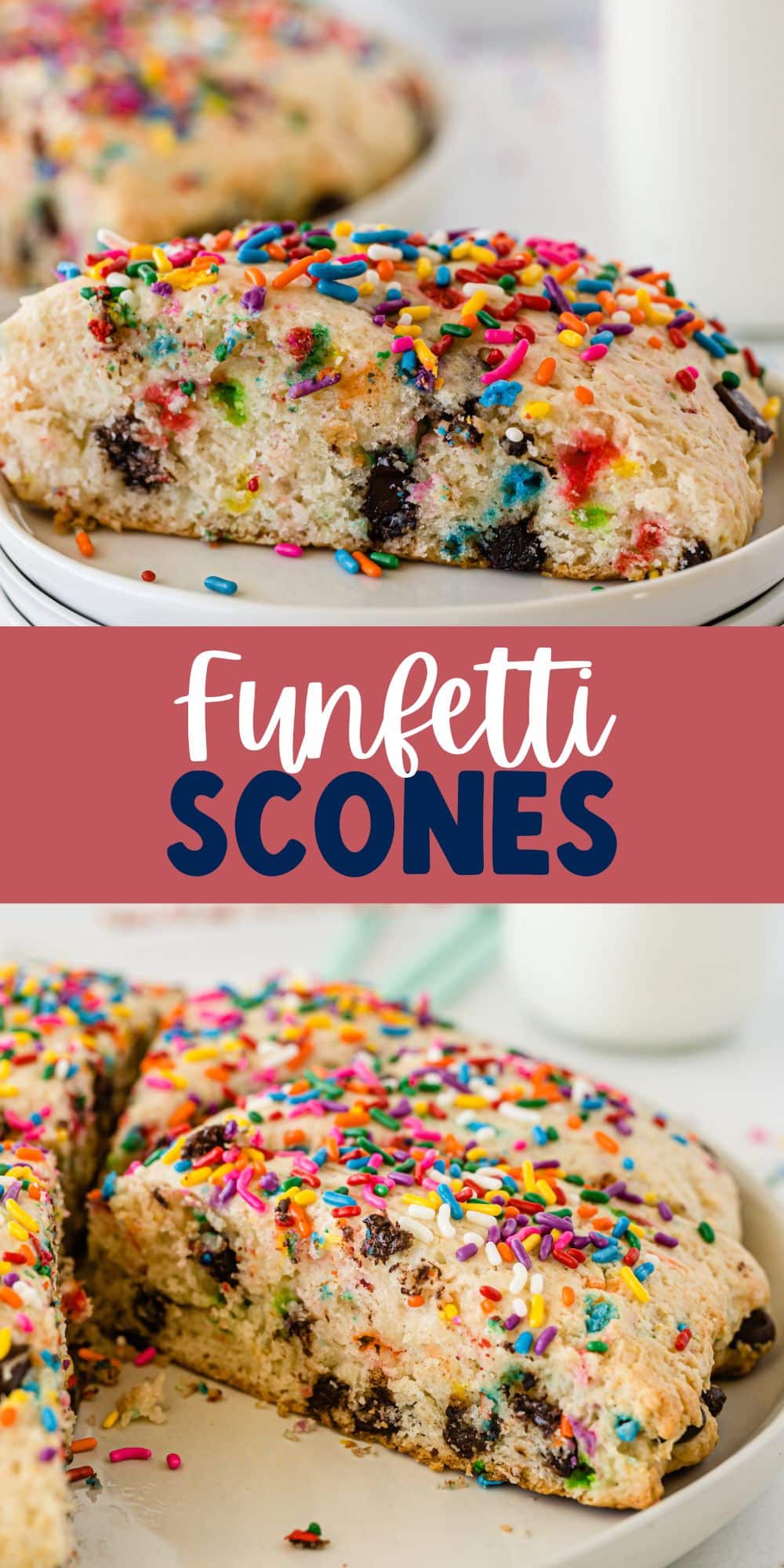 two photos of scones with sprinkles and chocolate baked in on a white plate with words in the middle