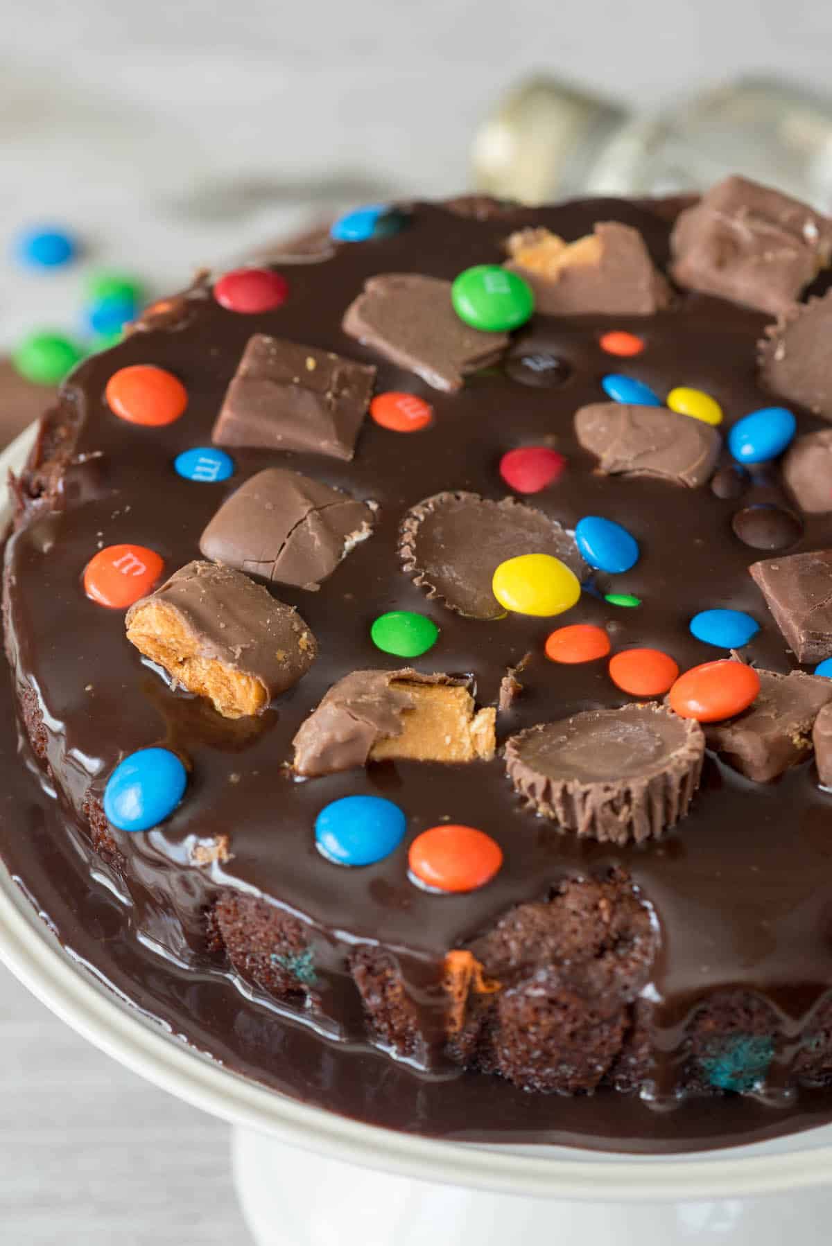 cake with m&ms and peanut butter cups baked in on top sitting on a white platter