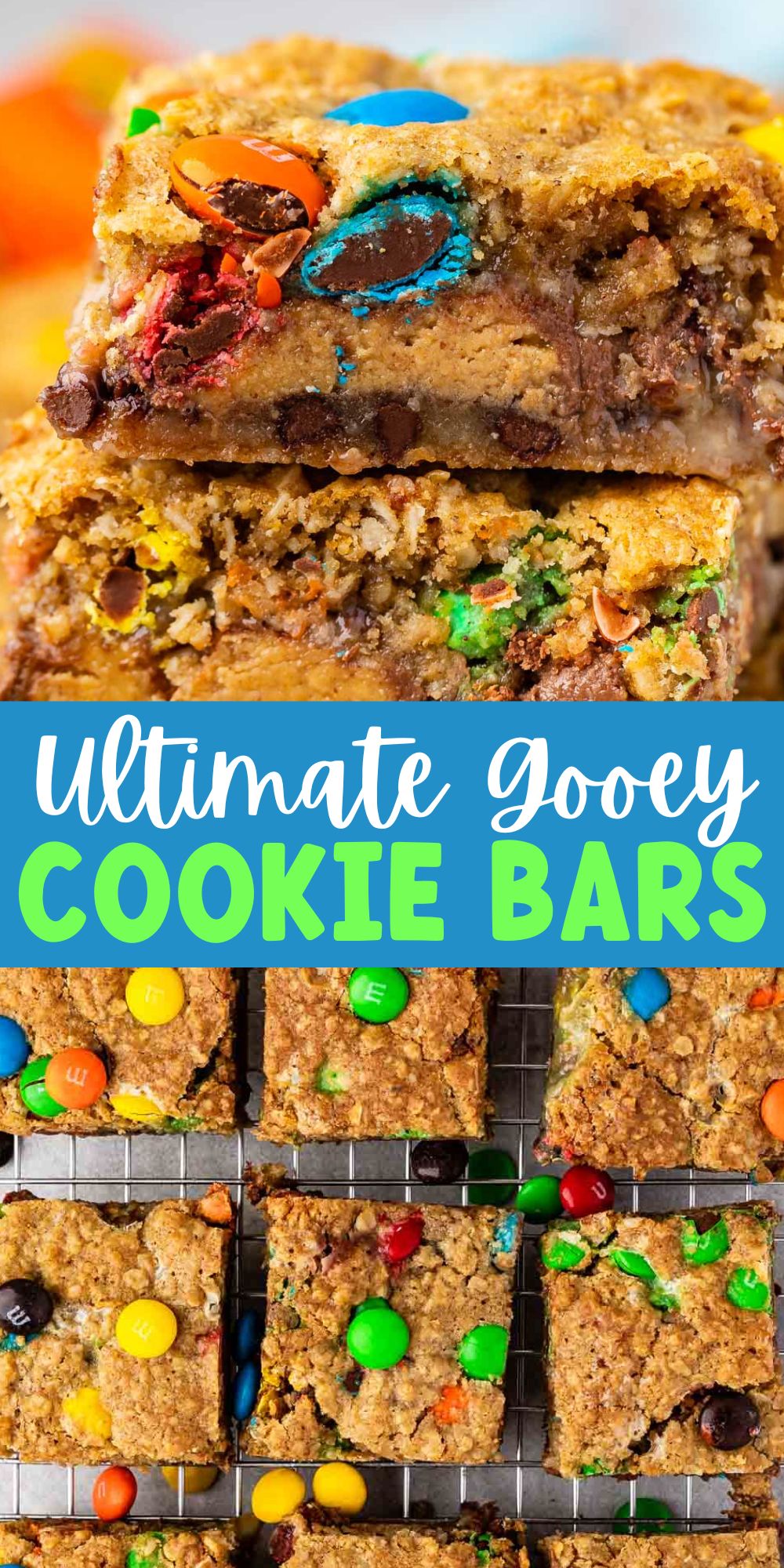 two photos of gooey bars with M&Ms baked in