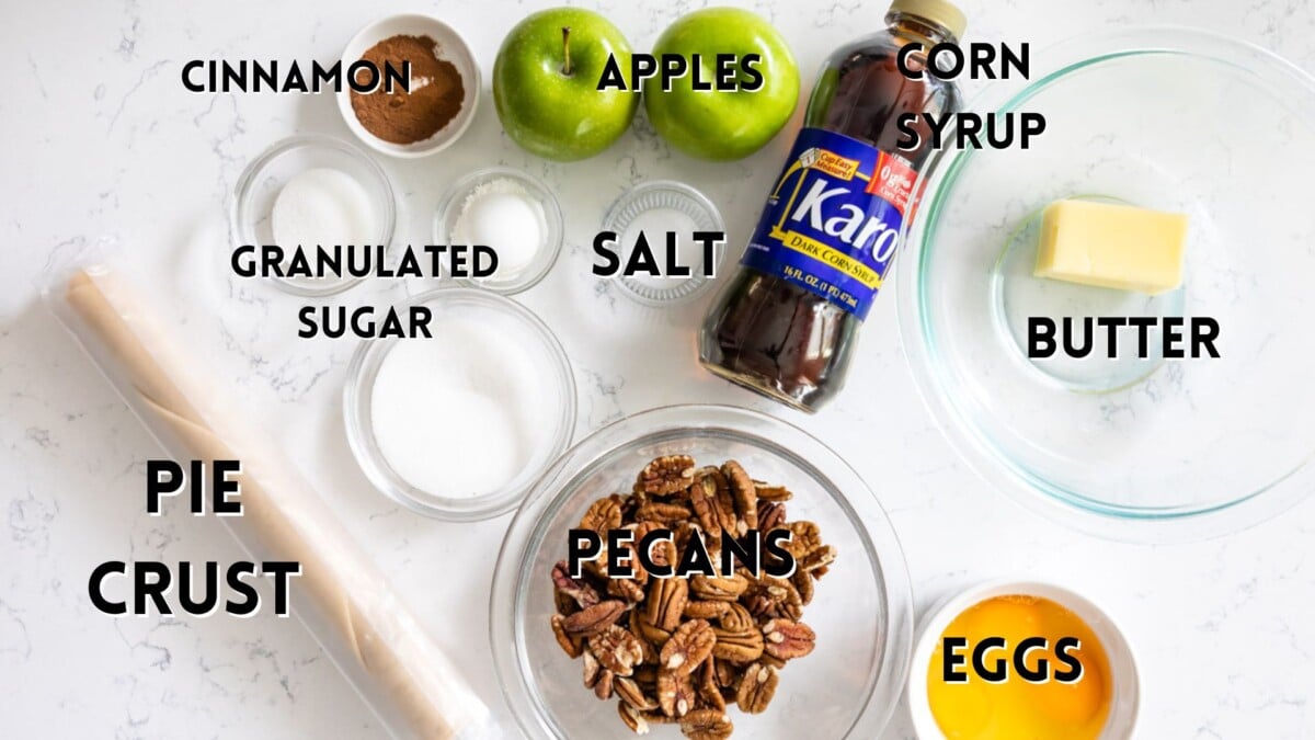 ingredients in apple pecan pie laid out and labeled