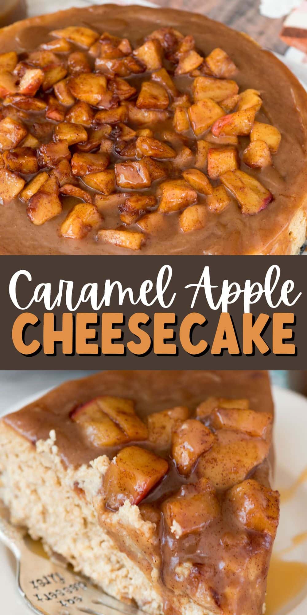 two photos of caramel apple cheesecake on a white plate with words in the middle