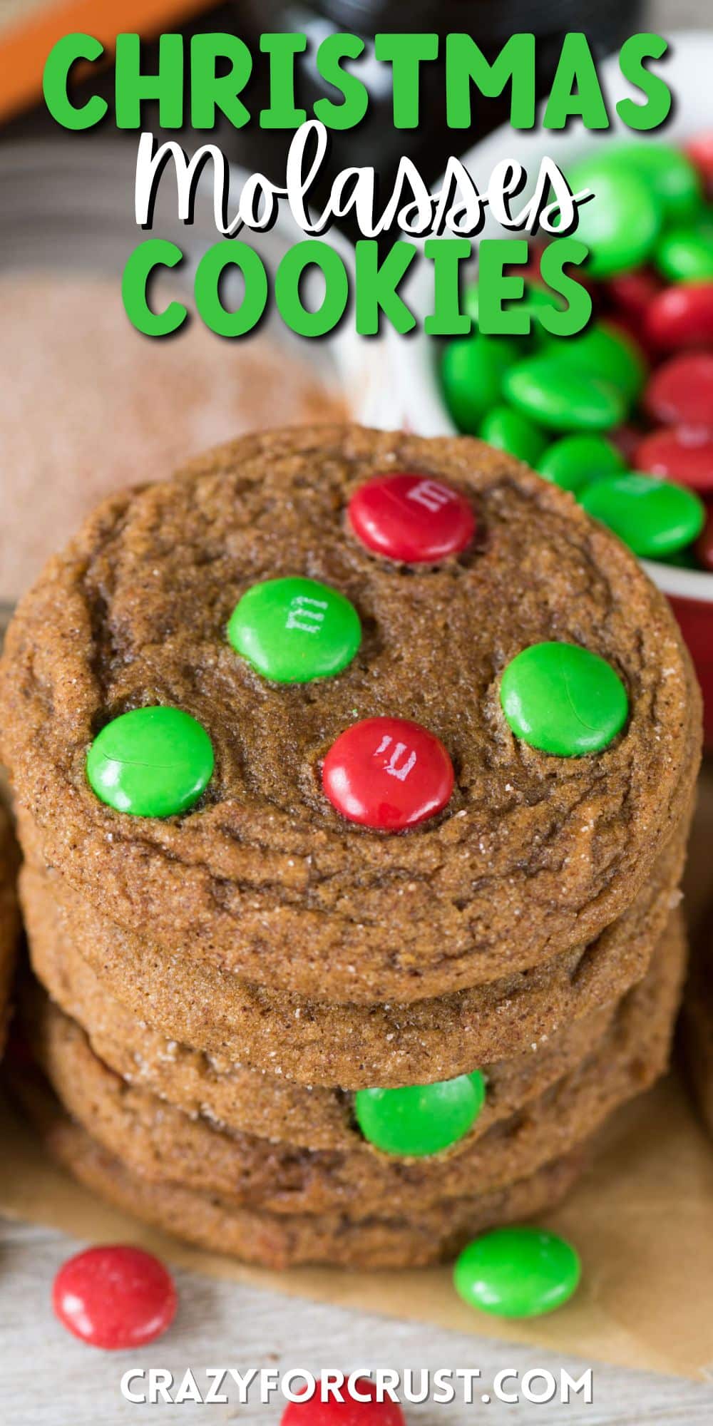 molasses cookies with green and red m&ms baked in and words on top