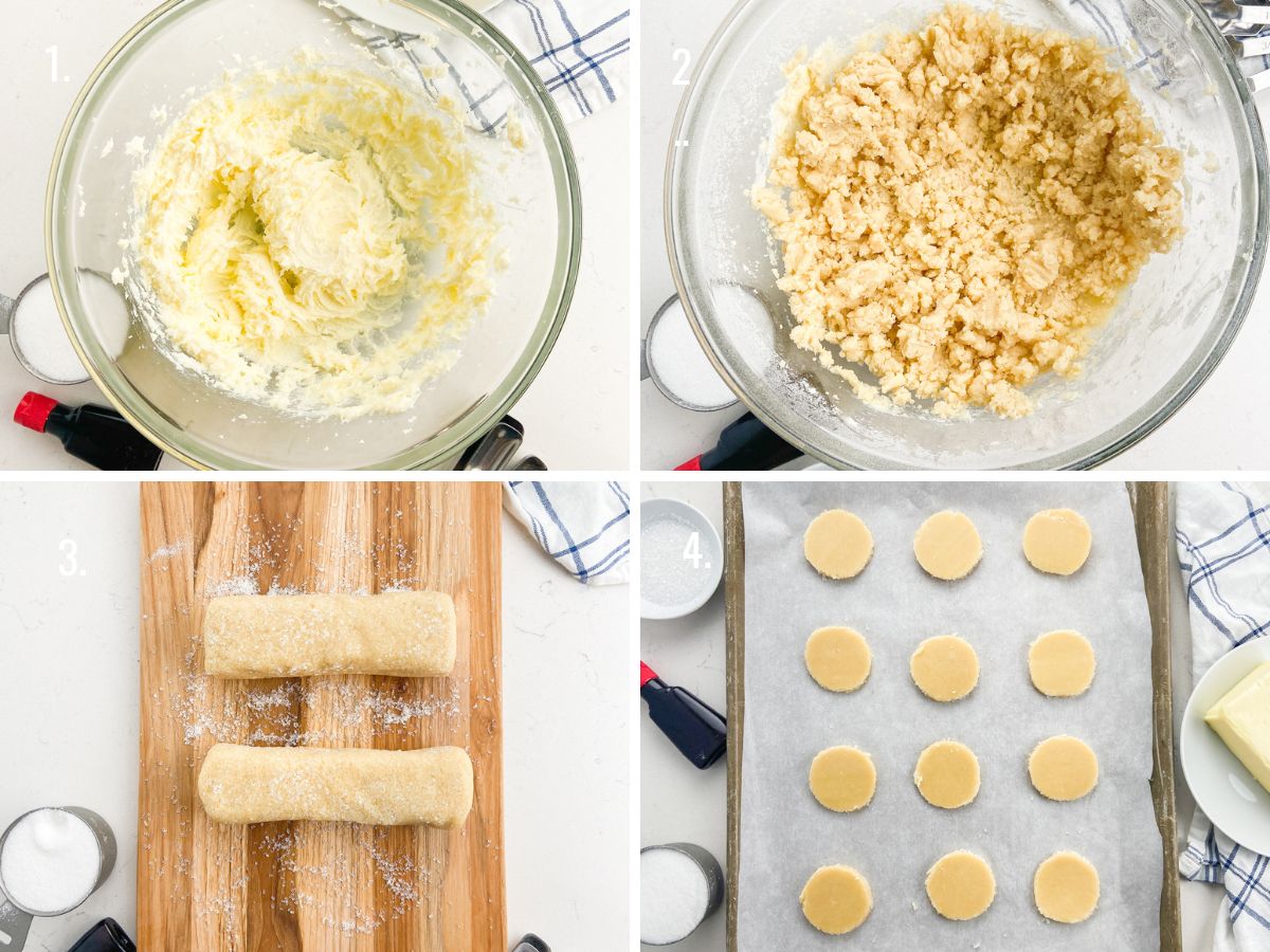 4 photos showing steps to make butter cookies