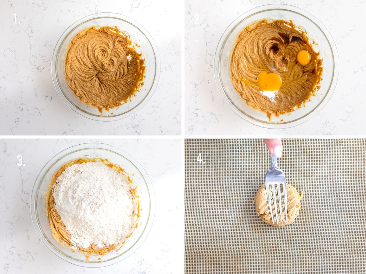 4 photos showing how to make peanut butter cookies