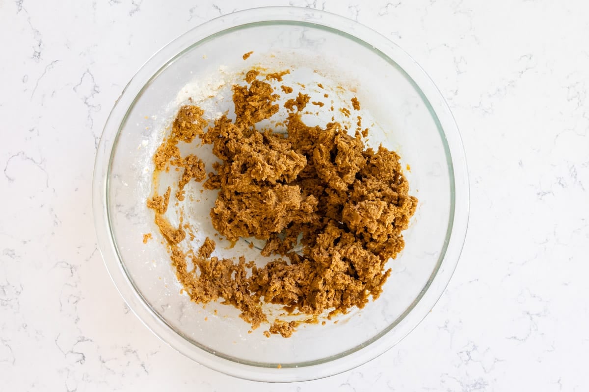 cookie dough in glass bowl.