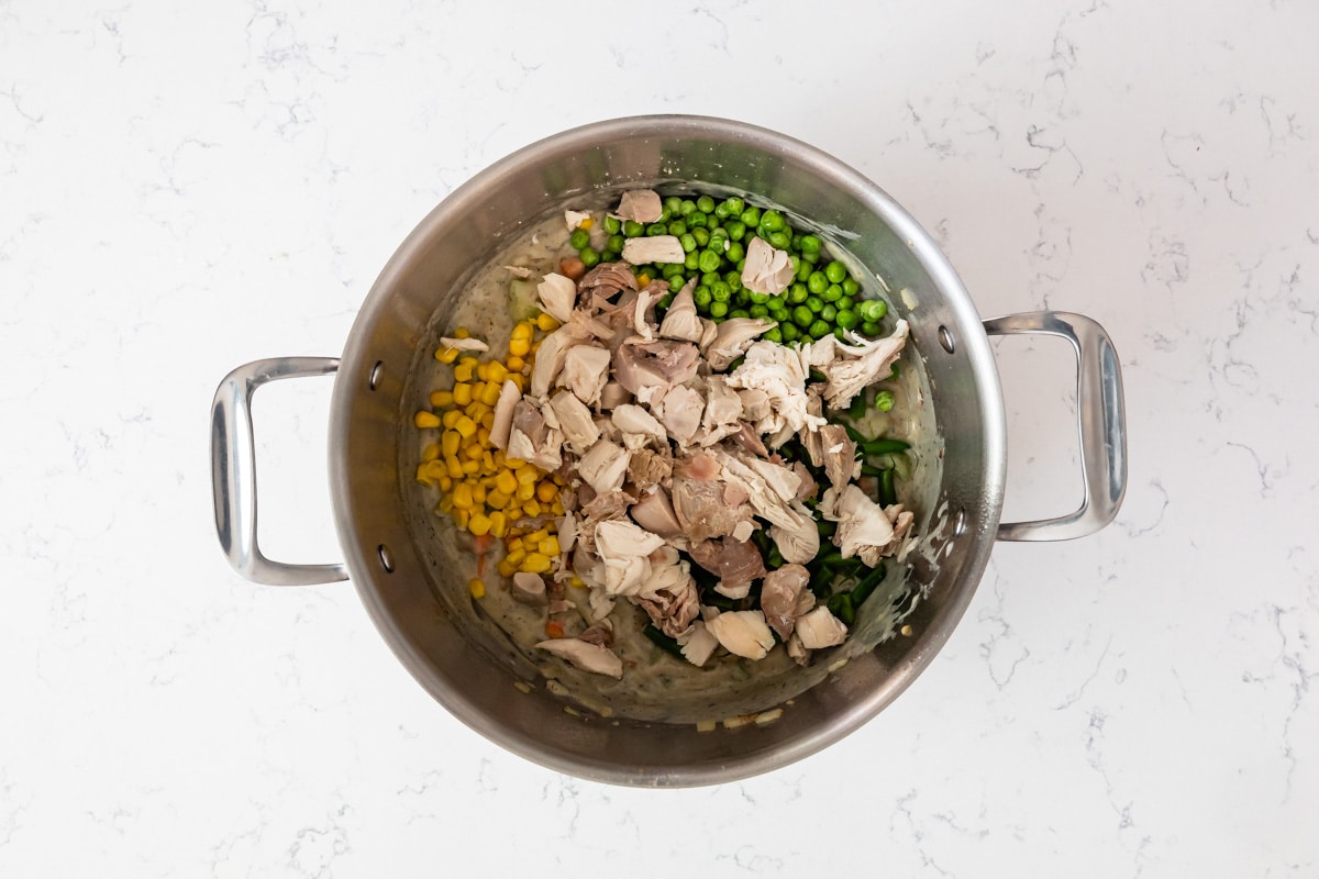 pot pie sauce in pan with chicken and peas.