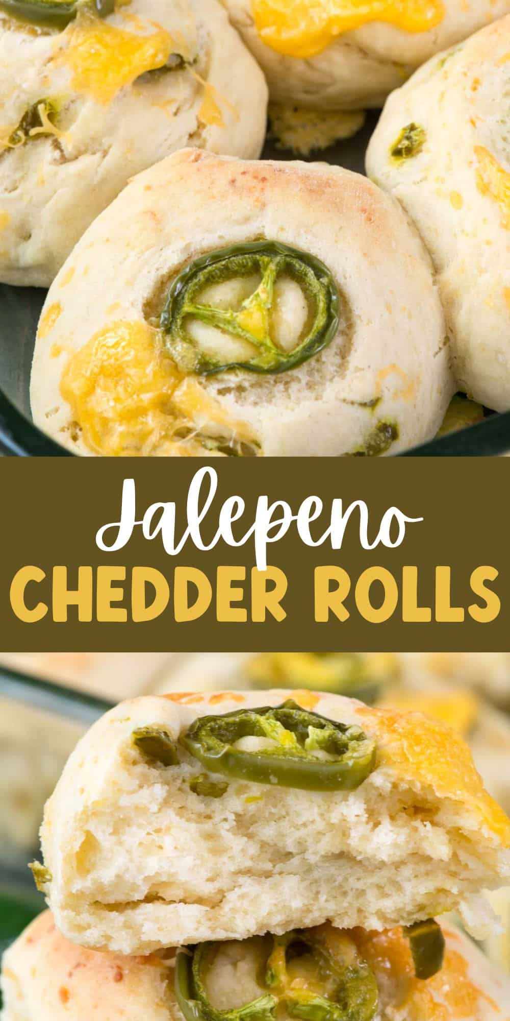 two photos of jalapeno rolls with a jalapeño baked in on top and words in the middle