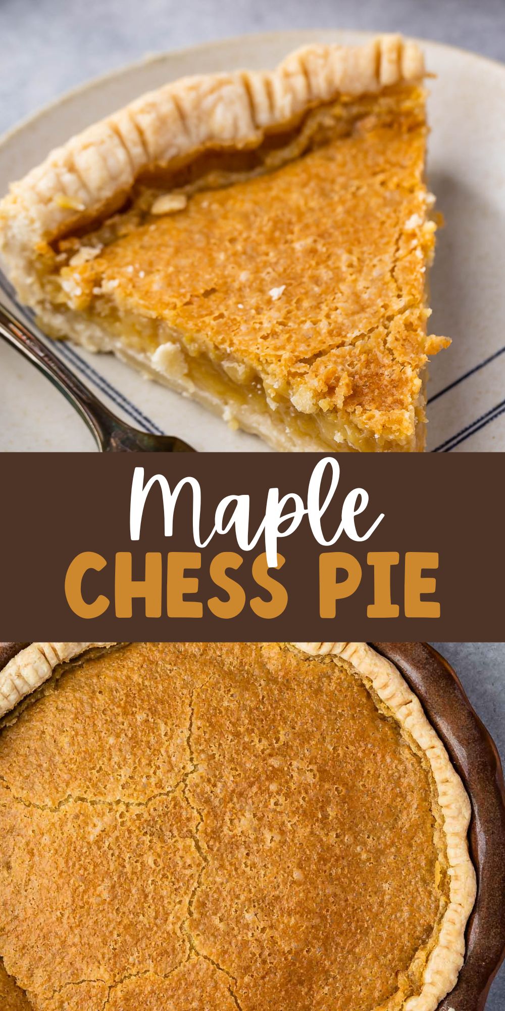two photos of maple chess pie on a tan plate next to a fork